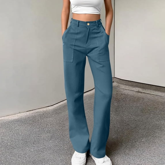 BLCHUNen Work Pants for Women Button Elastic Waist Lightweight Loose ...