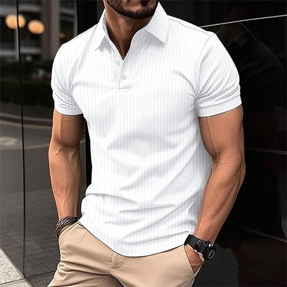 BLCHUNen Work Tops for Men Ribbed Short Sleeve Turndown Collar Pullover Slim Fitted Office Business Casual Tops