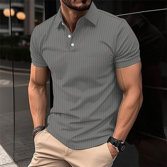 BLCHUNen Work Tops for Men Ribbed Short Sleeve Turndown Collar Pullover Slim Fitted Office Business Casual Tops