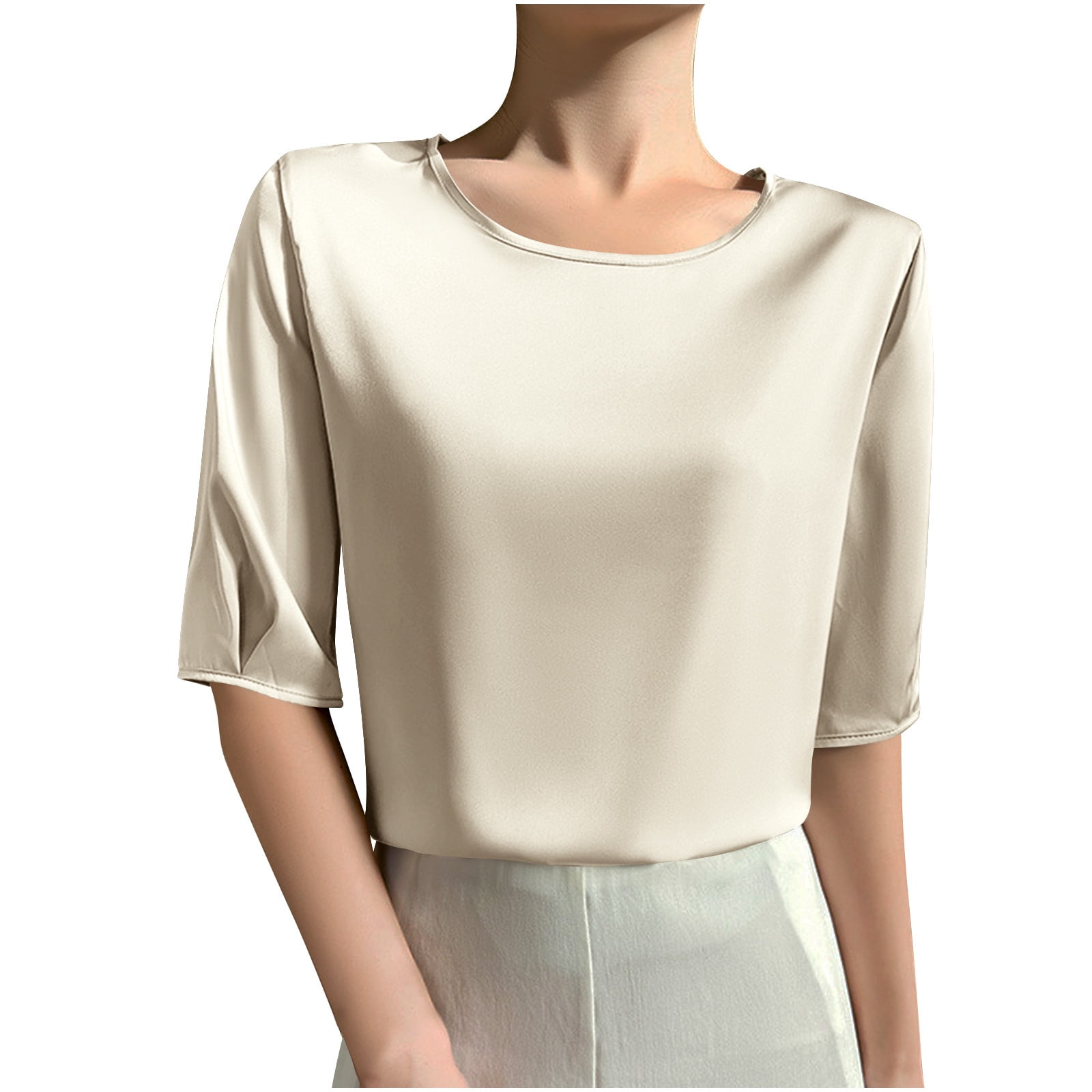 BLCHUNen Work Tops for Women Round Neck Half Sleeve Satin Blouse ...