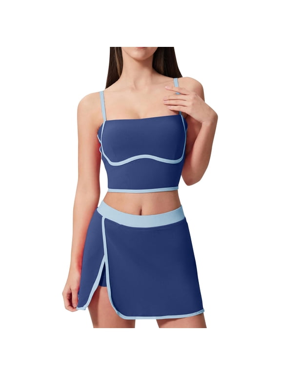 Workout Sets for Women Contrast Trim Square Neck Crop Camisole Tops 2 in 1 Skorts Casual Summer Athletic Sets