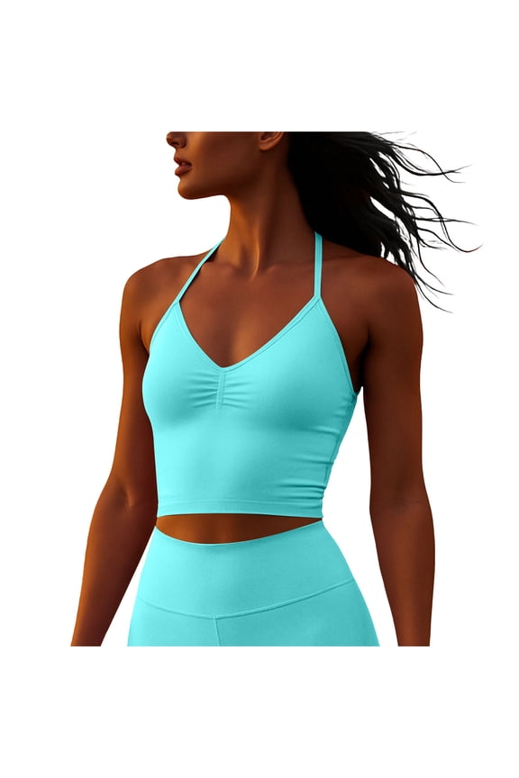 Workout Tops for Women Halter Ruched Crop Tanks Summer Stretchy Running Yoga Athletic Sleeveless Tops