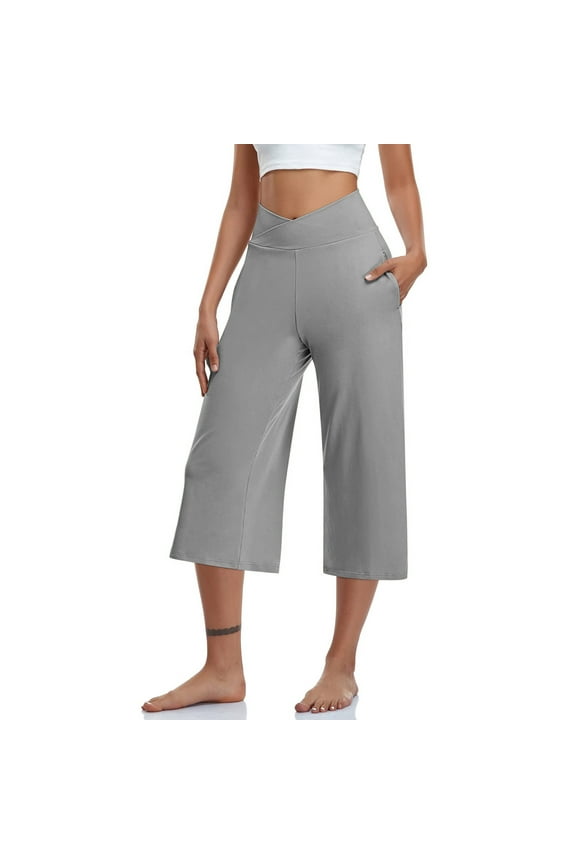 Yoga Pants for Women Capris Crossover High Waist Wide Leg cropped loose workout running Pants with Pockets