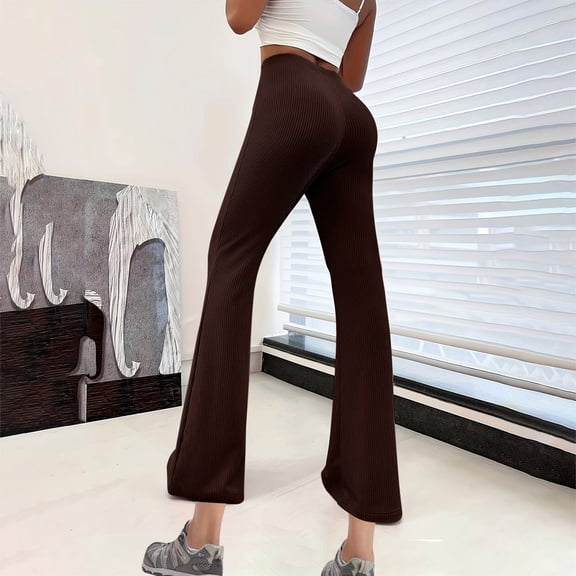BLCHUNen Yoga Pants for Women Ribbed Knitted Flared Pants Loungewear Lightweight Breathable Elastic High Waist Casual Pants