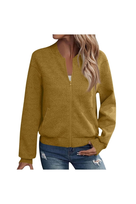 Zip up Jackets for Women Long Sleeve Casual Loose Jackets Fall Textured Outerwear Solid Color Pockets Coats,S,Yellow