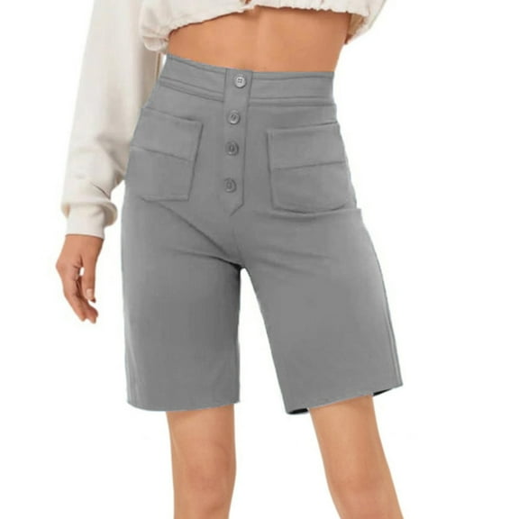 BLCHUNen shorts for women knee length button Elastic high waist casual Lightweight summer shorts with pockets