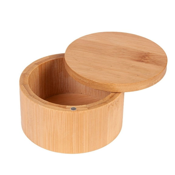 BLEEUS Bamboo Salt Cellar With Magnetic Swivel Lid Round Salt Container Spice Box Kitchen Daily Supplies (L)