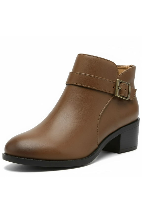 Women's Chunky Low Heel Ankle Boots Round Toe Leather Western Short Booties with Side Zipper