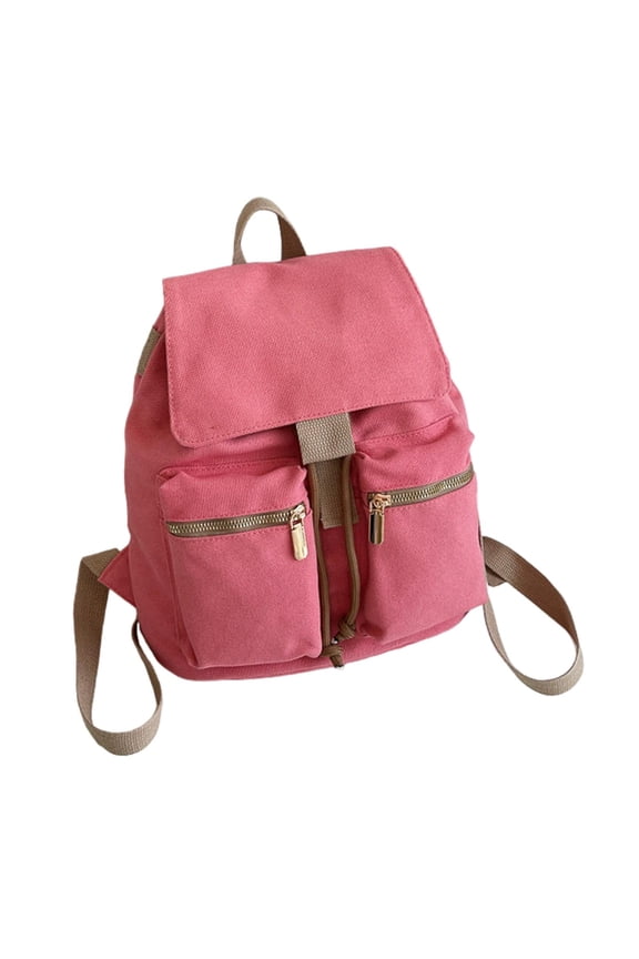 Canvas Backpack Hiking Backpack School Bag Multi Pockets Drawstring Rucksack Pink