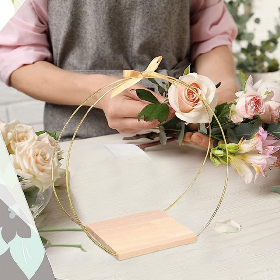 BLESIYA Metal Floral Hoop with Wooden Base Hoop Wreath Rings for Festivals Home Party