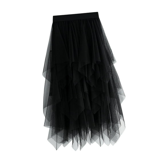 BLESIYA Tulle Skirts for Women Formal Asymmetrical Midi Length Tutu Skirts Elastic Waist Black