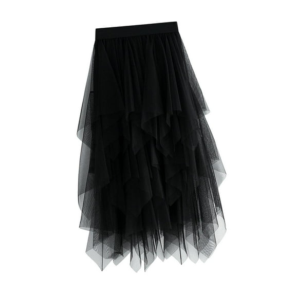 BLESIYA Tulle Skirts for Women Formal Asymmetrical Midi Length Tutu Skirts Elastic Waist Black