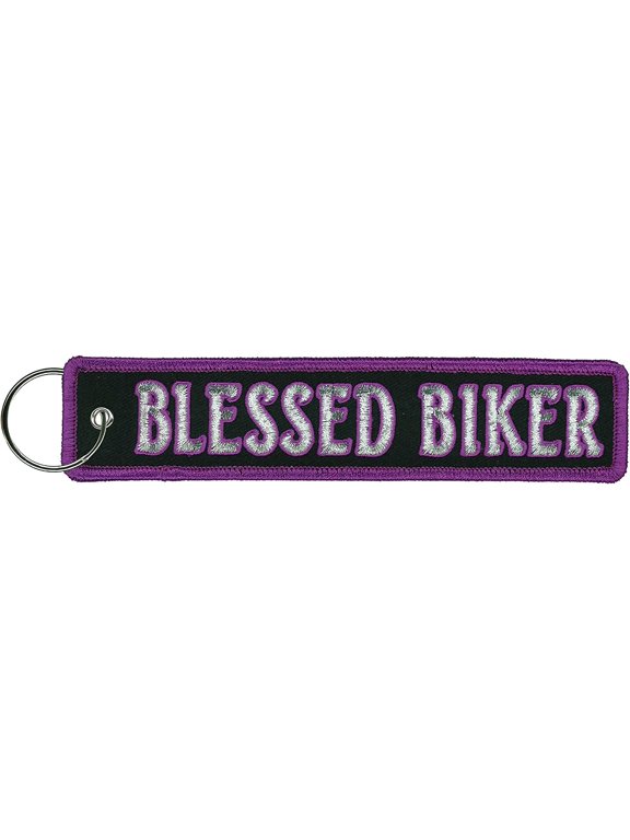 BLESSED BIKER, FOB KEYCHAIN - Double Sided High-Quality Full Thread Embroidered Rayon Biker FOB Keychain - 1.25" x 6.2"
