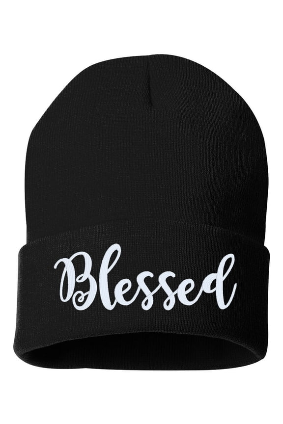 BLESSED Script Cuffed Embroidered Beanie Hat by STICKER DAD (Color: Black w/White Thread)