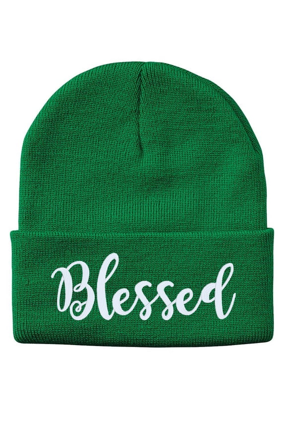 BLESSED Script Cuffed Embroidered Beanie Hat by STICKER DAD (Color: Kelly Green w/White Thread)