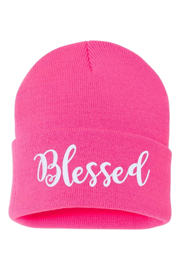 BLESSED Script Cuffed Embroidered Beanie Hat by STICKER DAD (Color: Neon Pink w/White Thread)