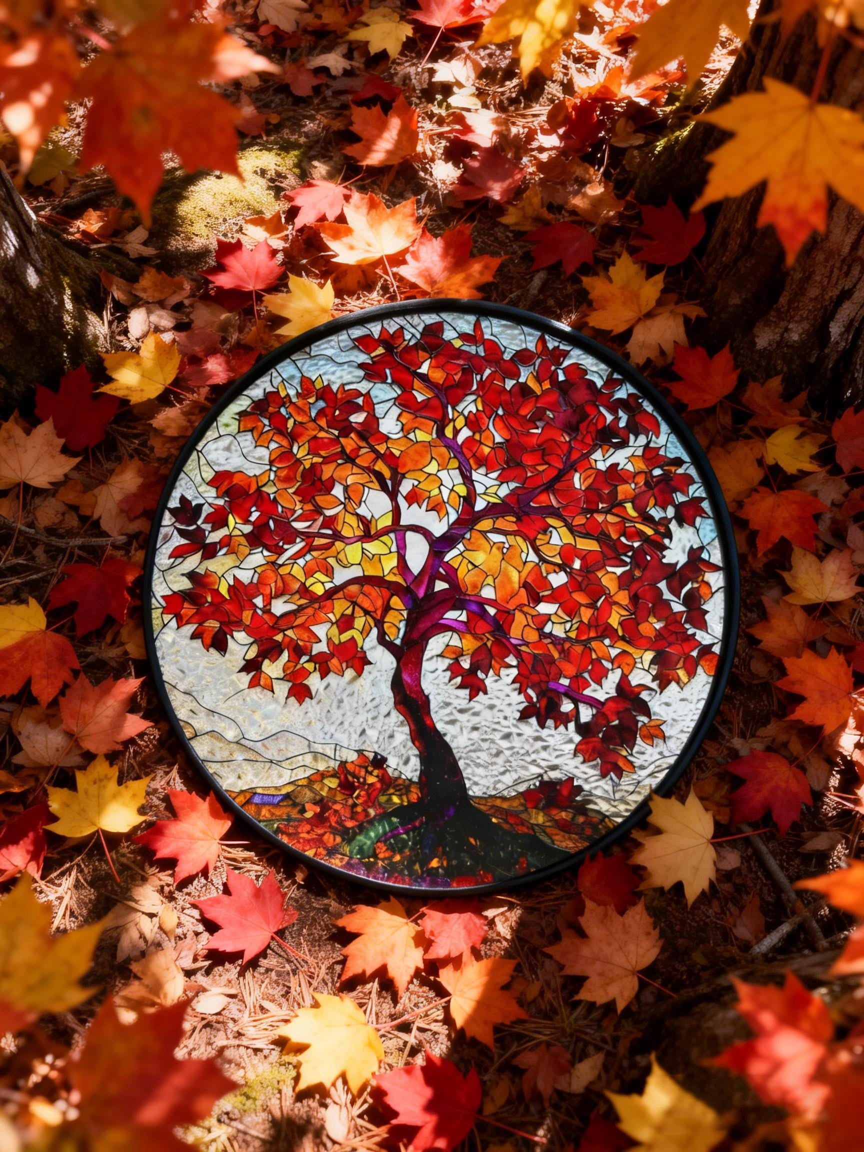 BLESSING DECOR Autumn Tree of Life Stained Glass Suncatcher, Fall Maple ...