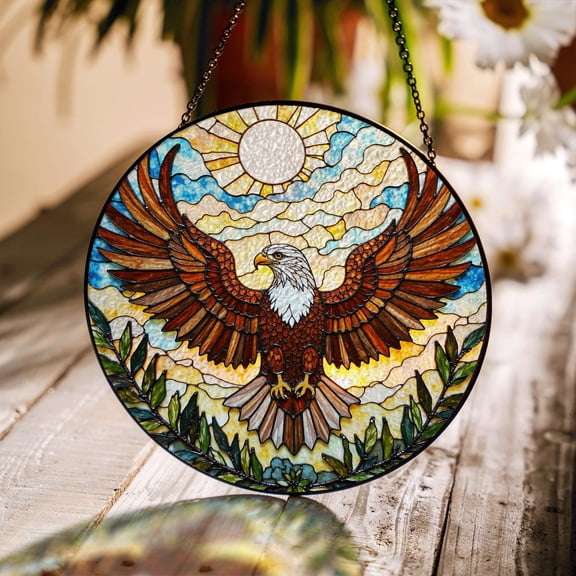 BLESSING DECOR Bald Eagle Flying Glass Round Panel, Window Hanging Suncatcher 7.8INCH
