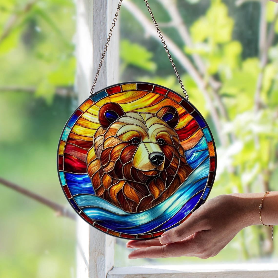 BLESSING DECOR Bear Glass Suncatcher v2, Majestic Forest Wildlife Art ...