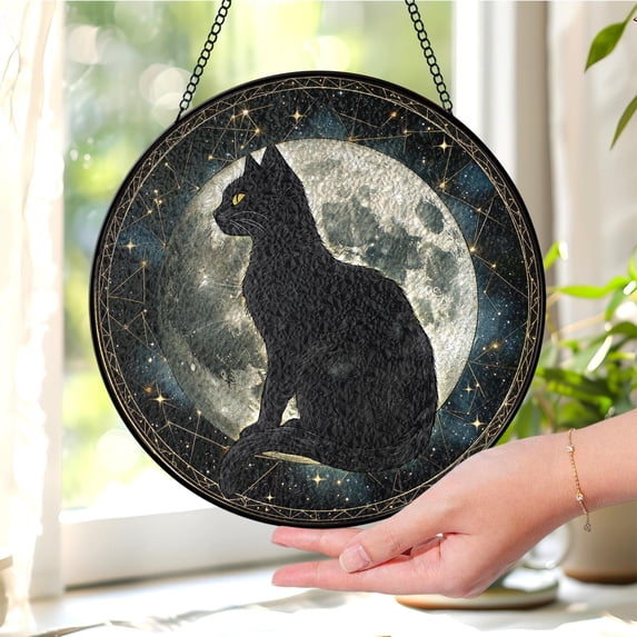 BLESSING DECOR Black Cat Stained Glass Suncatcher: Moon Decor, Gift for ...