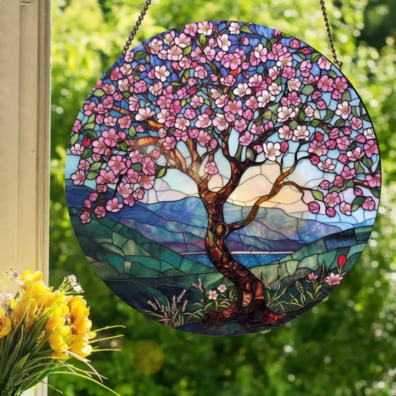 BLESSING DECOR Cherry Tree: Stained Glass Style Window Hanging 3.5 inch ...