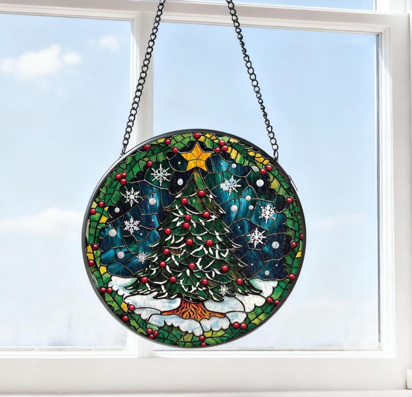 BLESSING DECOR Christmas Tree Stained Glass Suncatcher Christmas Tree ...