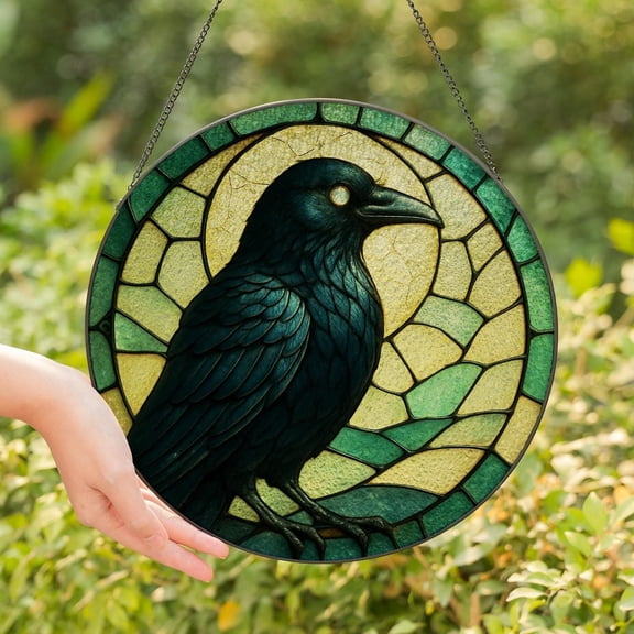 BLESSING DECOR Crow Stained Glass Suncatcher, Gothic Raven Window Hanging, Dark Cottagecore Bird Art, Nature Witch Decor, Unique Gift for Bird Lovers 7.9INCH