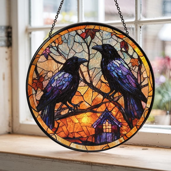 BLESSING DECOR Crows Stained Suncatcher, Crows Window Hanging, Crow Raven Wall Decor for Bird Lovers, Fall Christmas Decor for Home 7.9INCH