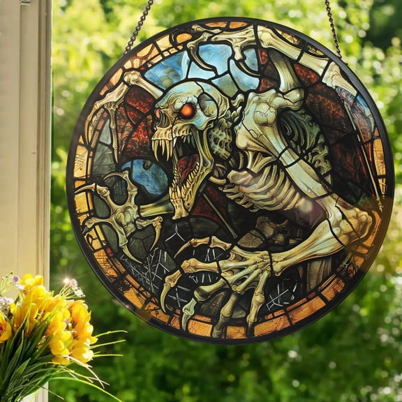 BLESSING DECOR Demonic Skeleton: Stained Glass Style Window Hanging Made With Real Glass 7.9INCH