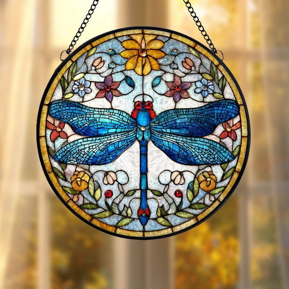 BLESSING DECOR Dragonfly Glass Suncatcher v21, Blue Insect Floral ...