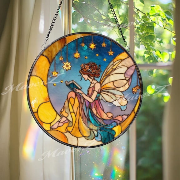 BLESSING DECOR Fairy Reading Suncatcher, Crescent Moon Glass Window Panel 7.8INCH