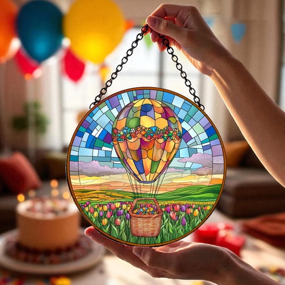 BLESSING DECOR Floating Balloon Glass Suncatcher, Flower Meadow Window Art, Dreamy Home Decor 7.8INCH