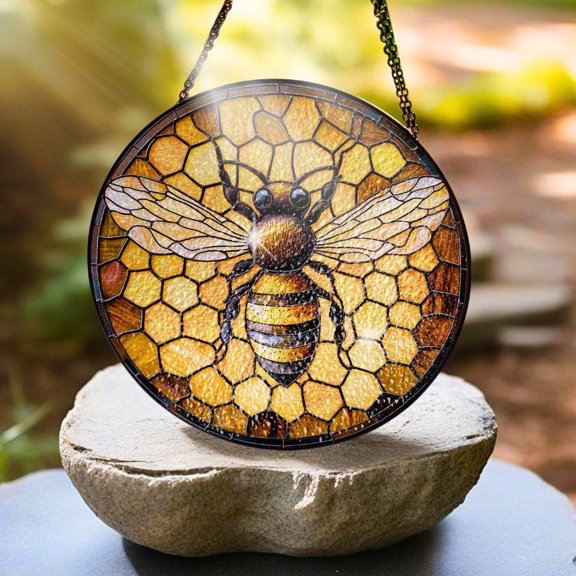 BLESSING DECOR Garden Bee Suncatcher Mother's day gift, Outdoor Window Hanging, Bee Lover Gift, Yellow and Black BumbleBee window ornament stained glass 7.9INCH