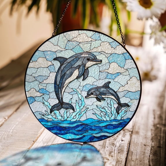 BLESSING DECOR Jumping Dolphins Over Ocean Waves Glass Suncatcher, Ocean Window Decor 7.8INCH