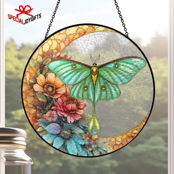 BLESSING DECOR Luna Moth Butterfly Glass Suncatcher, Nature Insect Window Art, Monarch Butterfly Decor 7.8INCH