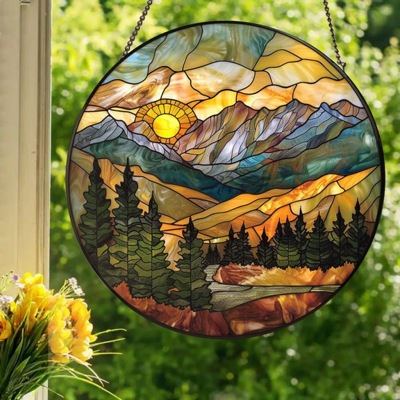 BLESSING DECOR Mountain Range: Stained Glass Style Window Hanging 7.9INCH