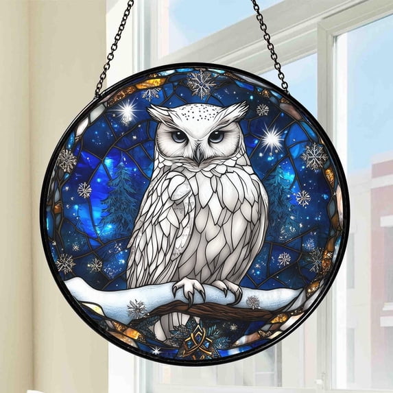 BLESSING DECOR Owl Winter Glass Suncatcher, Owl Window Hanging, Bird ...