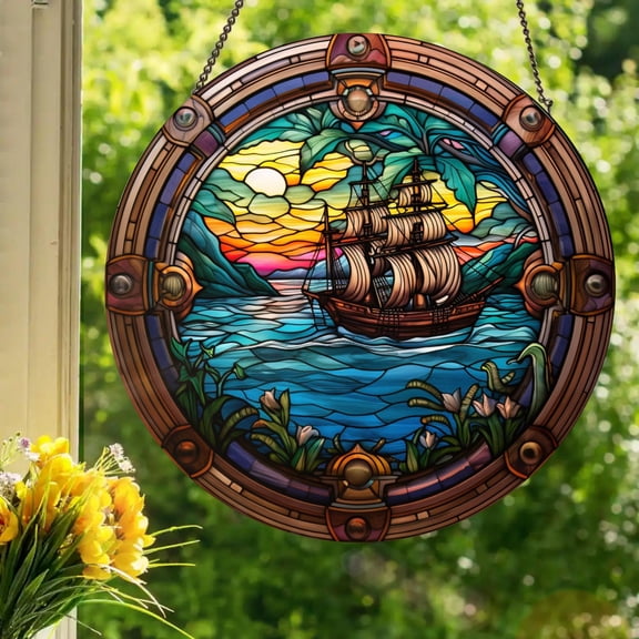 BLESSING DECOR Pirate Ship: Stained Glass Style Window Hanging 7.9INCH