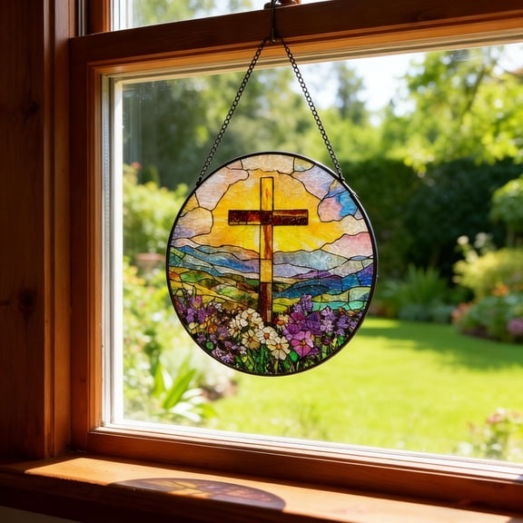BLESSING DECOR Stained Glass Cross Window Decor - Handcrafted Religious Art with Vibrant Floral Landscape, Perfect for Home or Church Windows 7.9INCH