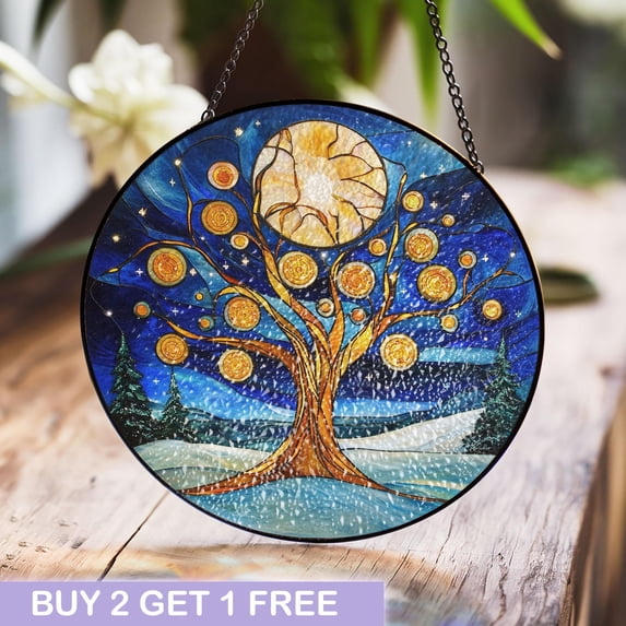 BLESSING DECOR Stained Glass Panel of Tree of Life with Golden Orbs and ...