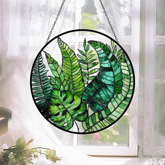 BLESSING DECOR Tropical Leaves Glass Suncatcher, Fern Plant Window ...