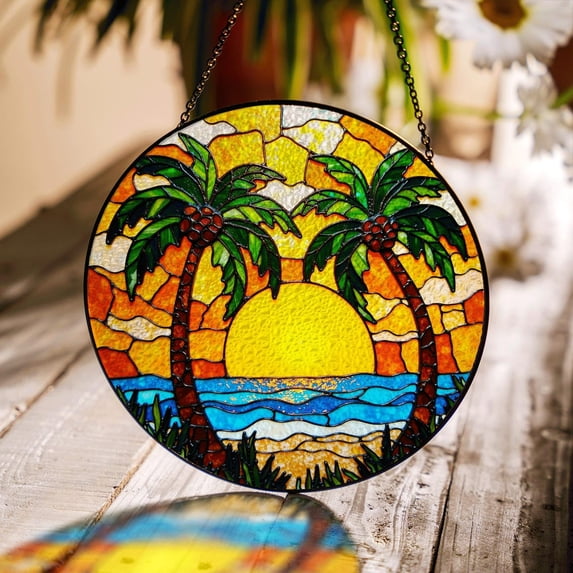 BLESSING DECOR Tropical Palm Tree Suncatcher, Glass Sunset Beach Window ...