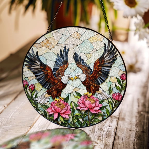 BLESSING DECOR Two Bald Eagles with Peonies Glass Suncatcher, Window Hanging 7.8INCH
