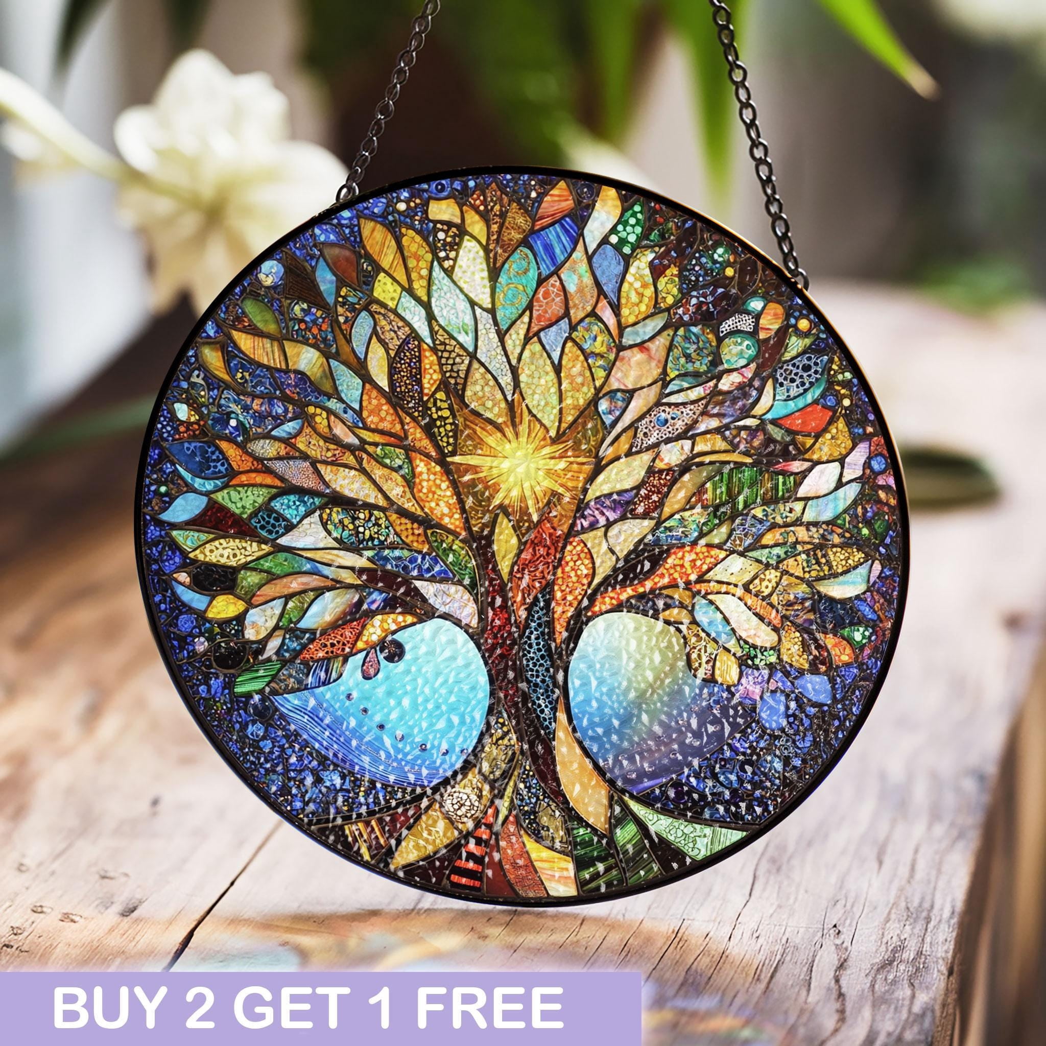 BLESSING DECOR Vibrant Tree of Life Stained Glass Design - Circular ...