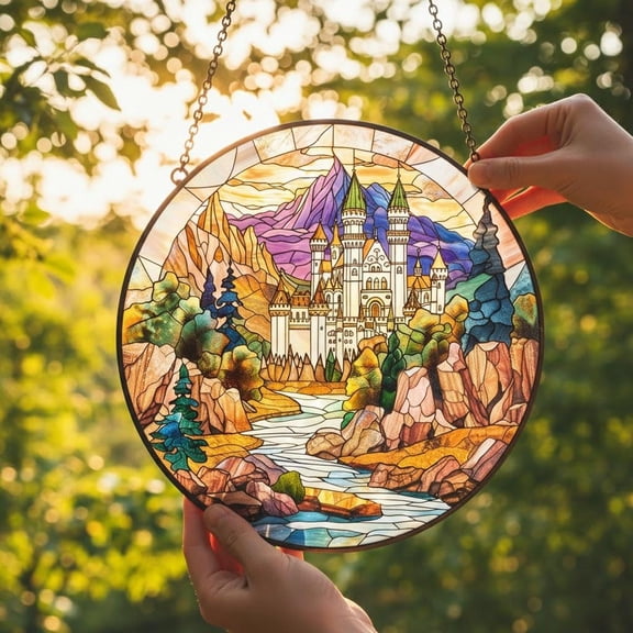 BLESSING DECOR Wizard School Castle Faux Glass Suncatcher, Magical Window Hanging, Witchy Movie Decor 7.8INCH