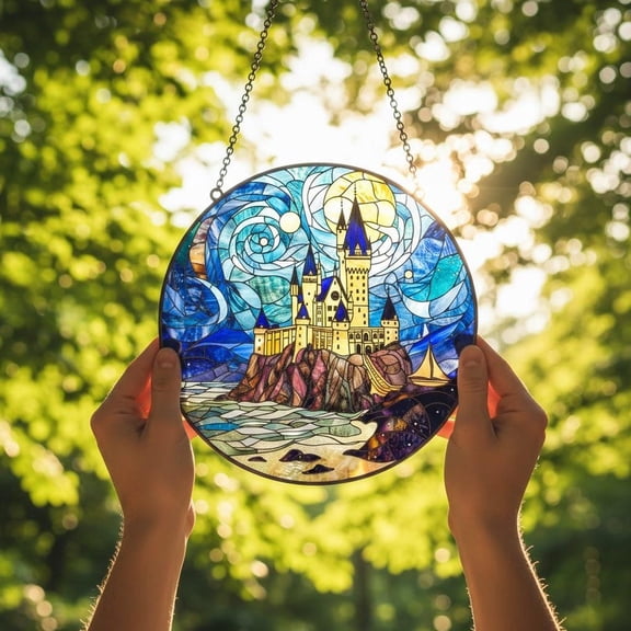 BLESSING DECOR Wizard School Glass Suncatcher, Enchanted Castle Window Hanging, Magical Book Lover, Fantasy Wizard Decor 7.8INCH