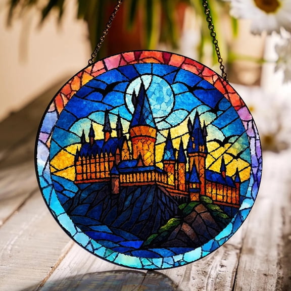 BLESSING DECOR Wizard School Glass Suncatcher, Magical Castle Window Hanging, Fantasy Bookish 7.8INCH