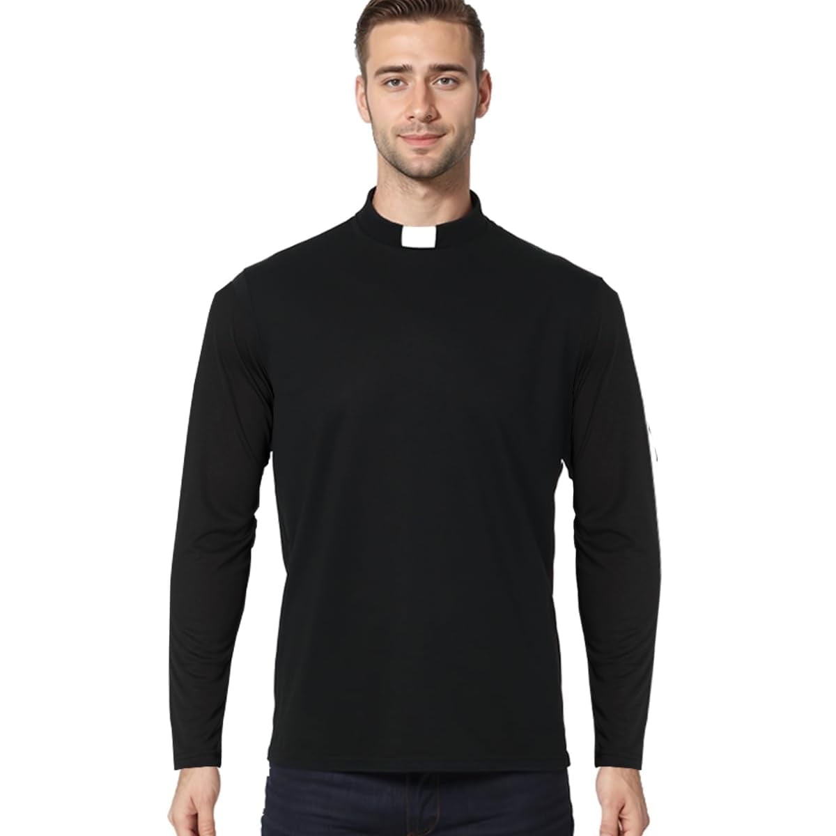 BLESSUME Camisa negra de manga larga para hombre con cuello de pestaña