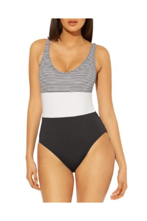 BLEU Women's Black Pinstripe Stretch Tank Removable Cups Deep V Neck Moderate Coverage One Piece Swimsuit 6