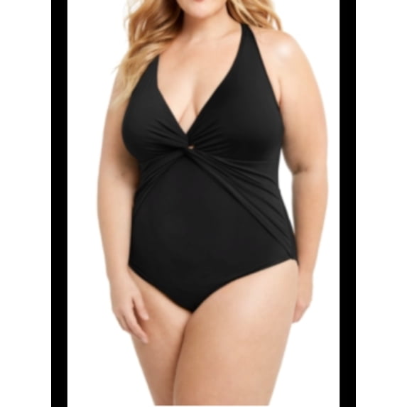 BLEU Women's Black Stretch Twist Front Lined Deep V Neck Full Coverage Twist & Shout Halter One Piece Swimsuit 22W